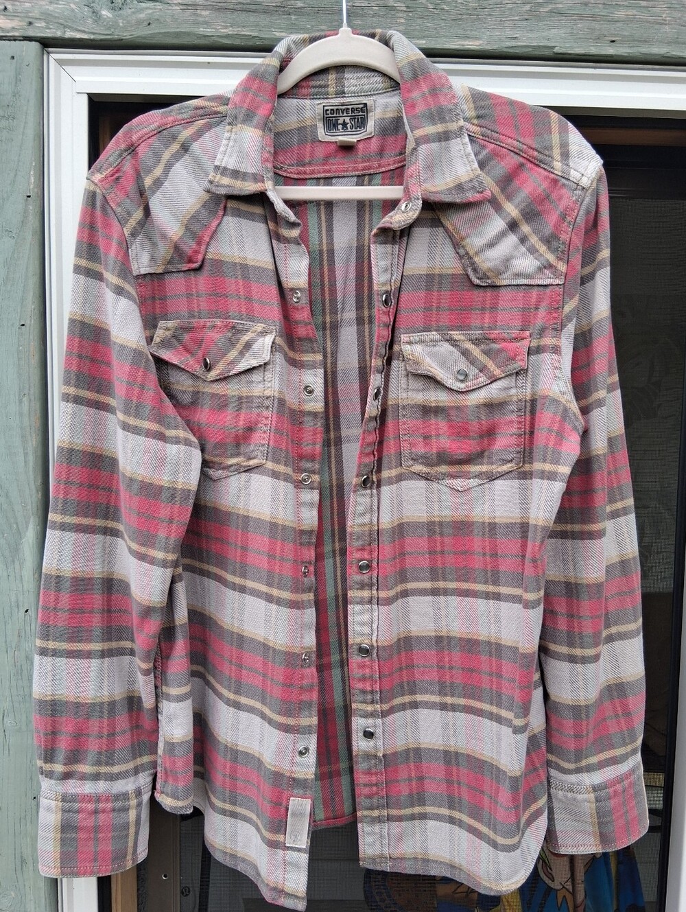 Converse Red & Gray Fade Plaid Flannel Shirt. Pearl Snap. Vintage.